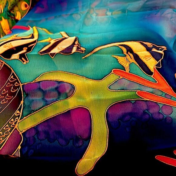 Silk chiffon Lee Caldwell tropical ocean fish hand painted scarf 29” square - Picture 14 of 14